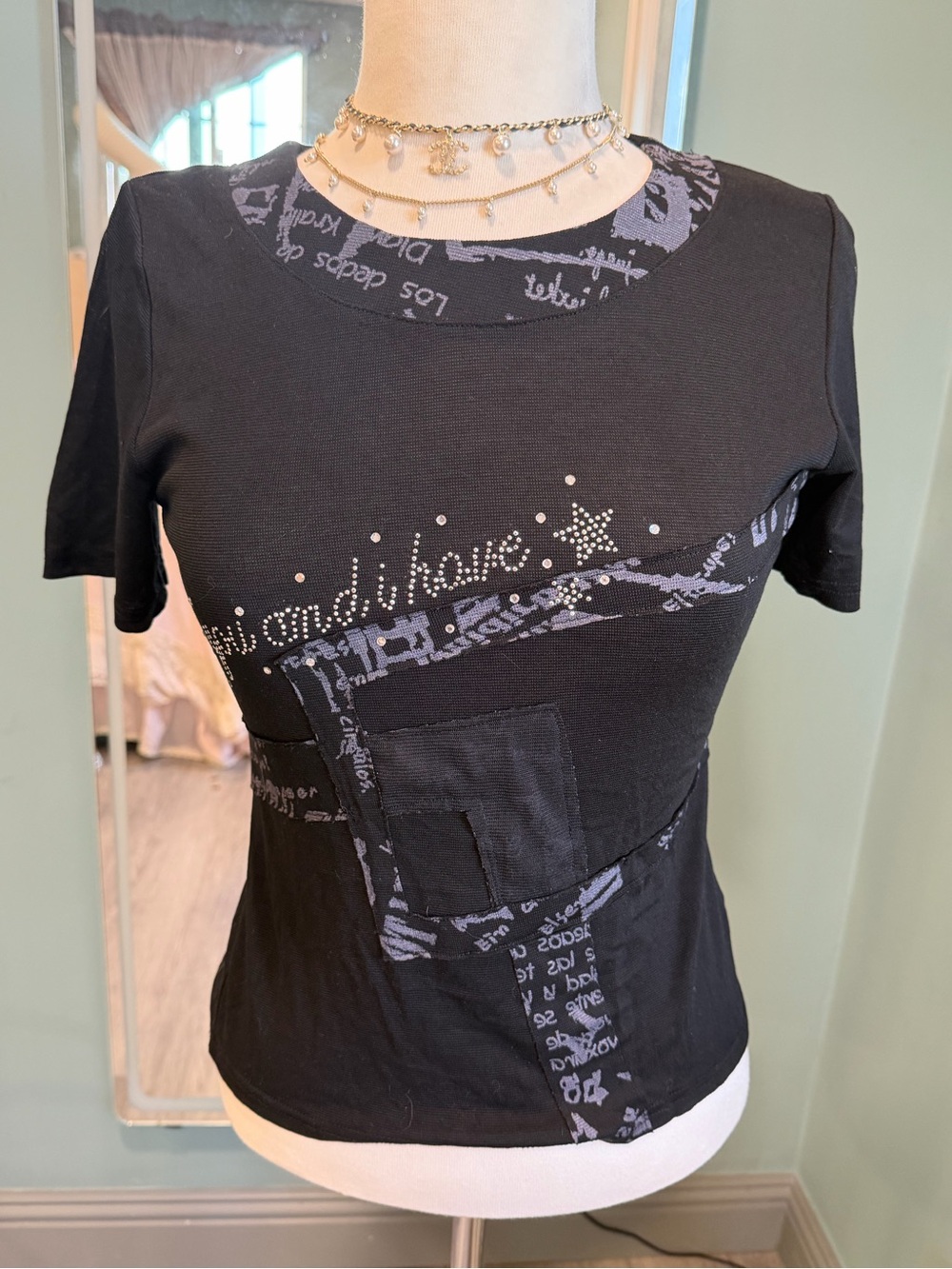 Vintage Korean Y2K Rhinestone Graphic Baby Tee Fairy Grunge XS S